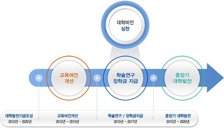 대학발전기금조성(2012년~2020년), 교육여건개선(2012년~2015년), 학술연구/장학금지금(2015년~2017년), 중장기 대학발전(2015년~2020년) - 대학비전 실현